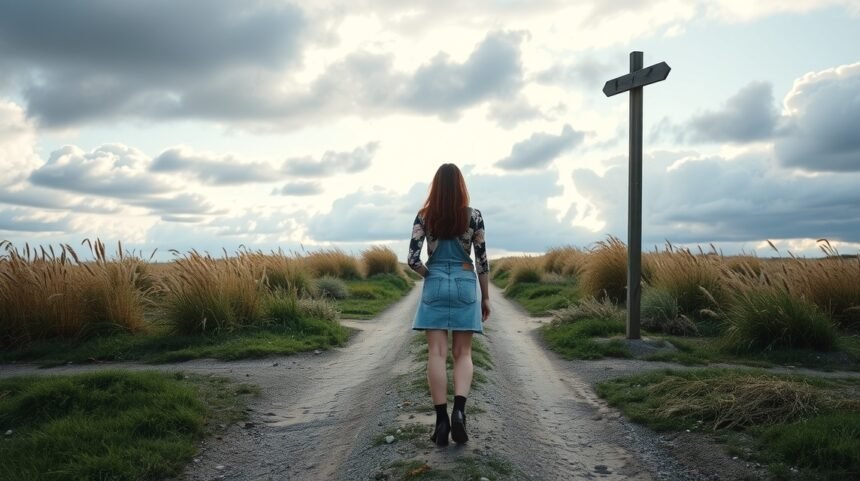 Nő egy kereszteződésnél, az újrakezdés lehetőségei előtt állva.