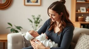 Anya szoptatja a babáját otthoni környezetben.