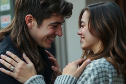 Fiatal pár nevetve közel az arcukhoz, barátság és szerelem jelei.