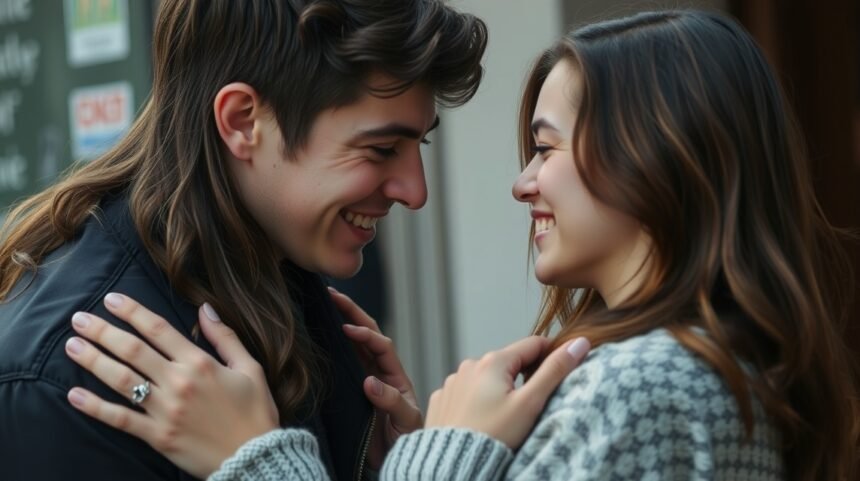 Fiatal pár nevetve közel az arcukhoz, barátság és szerelem jelei.