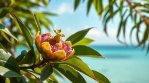 womensway 145 Passiógyümölcs virág a tengerparti háttér előtt