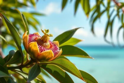Passiógyümölcs virág a tengerparti háttér előtt