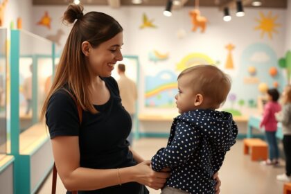 Baba és mama a gyerekbarát múzeumban, élvezve a kiállítást.