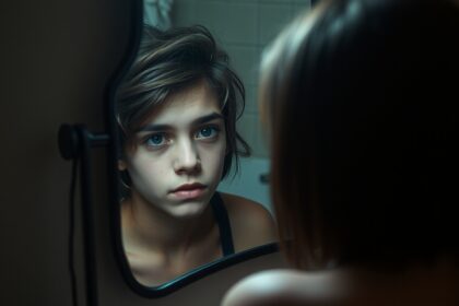 Egy fiatal lány a tükörben nézi magát, elgondolkodva.