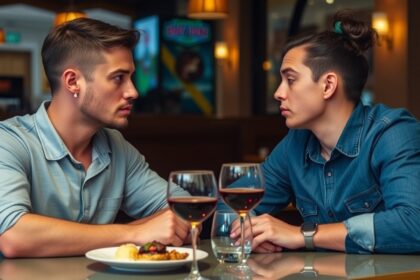 Két férfi beszélget, vörösborral az asztalnál egy étteremben.