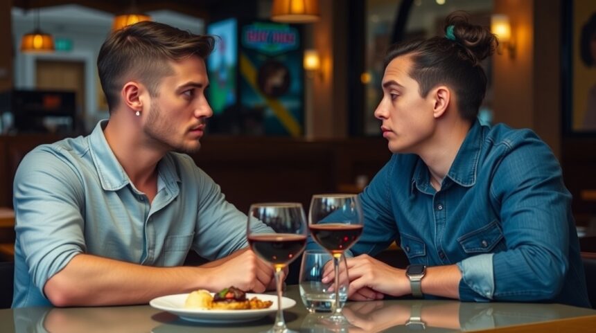 10 érzelmi hiba, amit az emberek elkövetnek, amikor szakítás után rögtön randizni kezdenek 1 Két férfi beszélget, vörösborral az asztalnál egy étteremben.