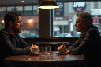 Két ember mély beszélgetést folytat egy kávézóban.