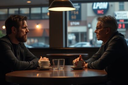 Két ember mély beszélgetést folytat egy kávézóban.
