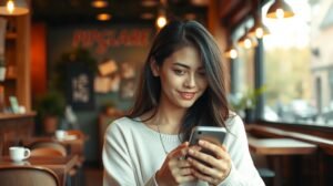 Nő, aki telefonját használva magabiztosan mosolyog egy kávézóban.