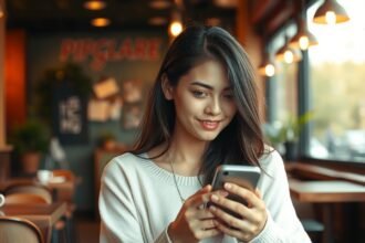 Nő, aki telefonját használva magabiztosan mosolyog egy kávézóban.