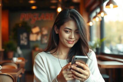 Nő, aki telefonját használva magabiztosan mosolyog egy kávézóban.