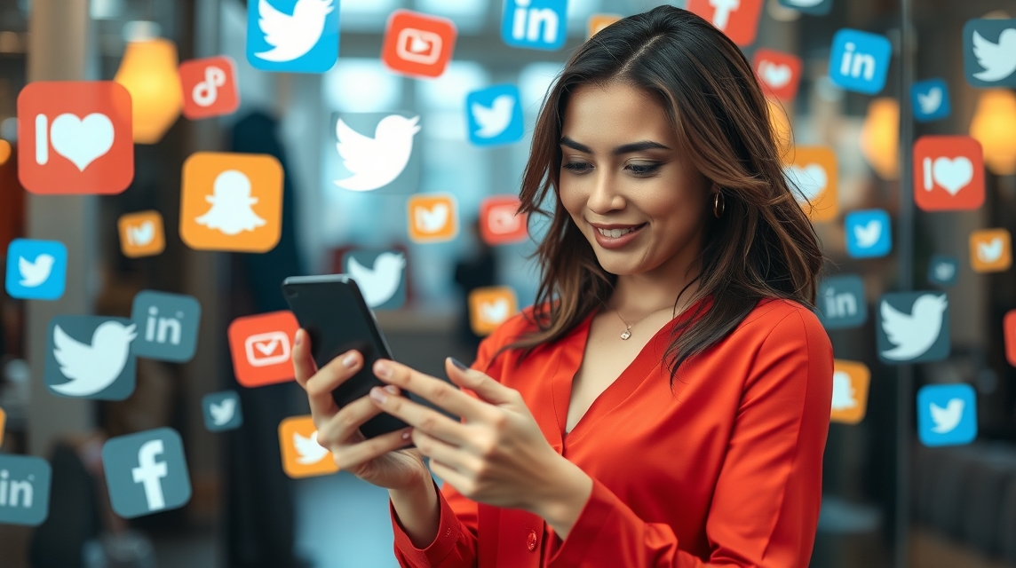 Nő mobiltelefonját nézi, szociális média ikonokkal körülvéve.