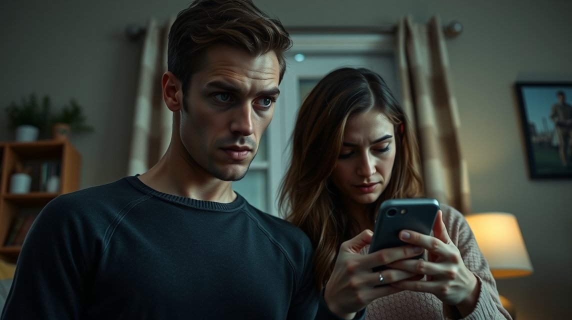 Feszültség egy párkapcsolatban, smartphone használat közben.