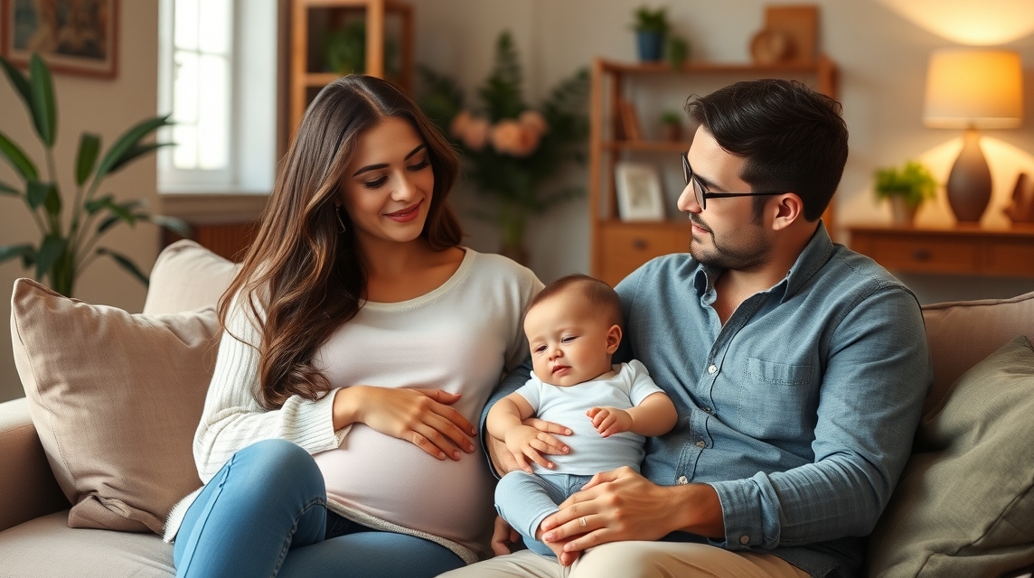 Várandós nő és férje a második gyermek érkezésére készülnek, boldog családi pillanat.