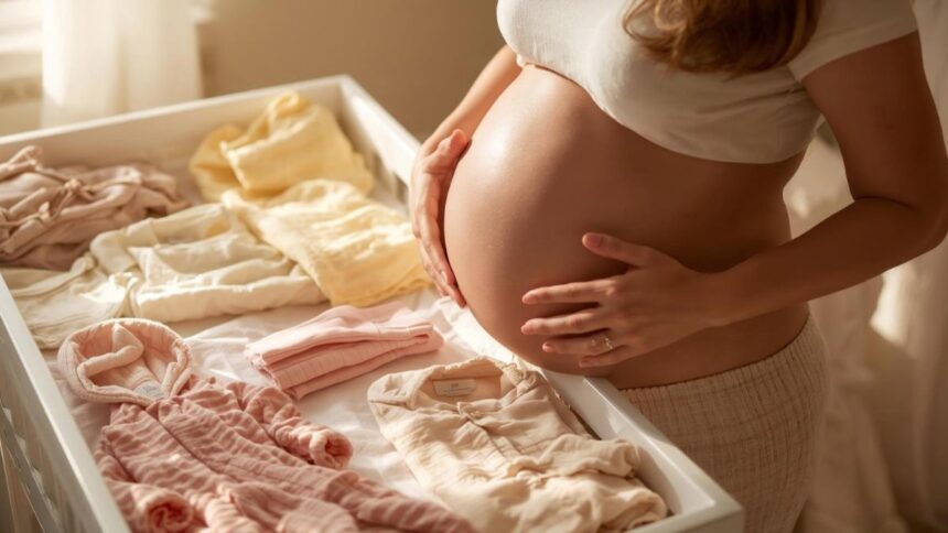 Kismamaruhák készítése otthon: Kreatív DIY ötletek 1 Kismama kézzel érinti a hasi területét, baba ruhák egy fiókban.