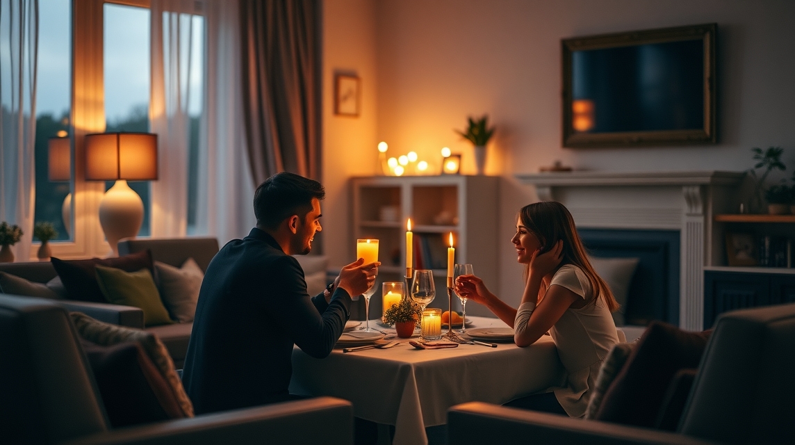 Romantikus páros est a gyertyafényben, közös étkezés és nevetés.