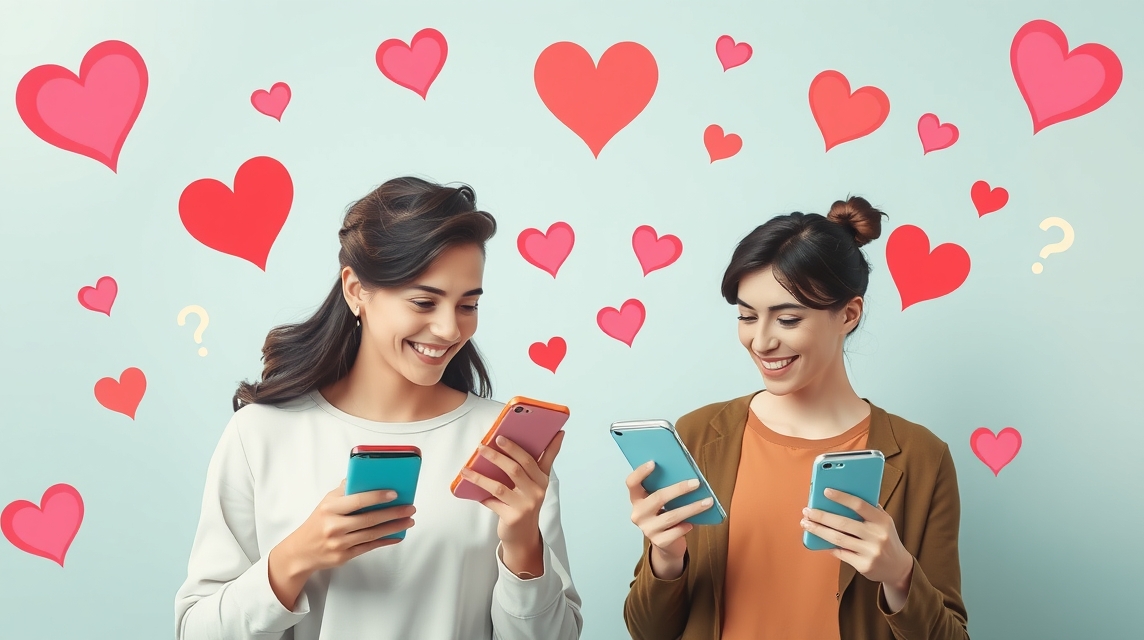 Két nő okostelefonokat használ, szív ikonokkal körülvéve.