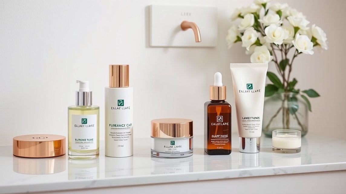 Különböző bőrápoló termékek egy elegáns fürdőszobában.