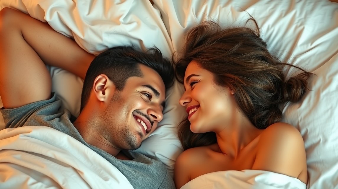 Pár különleges pillanat egy fiatal pár között az ágyban.