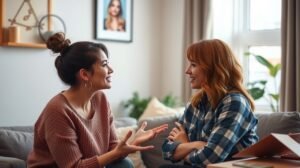 Két nő beszélget a kanapén, hatékony kommunikációt folytatva.