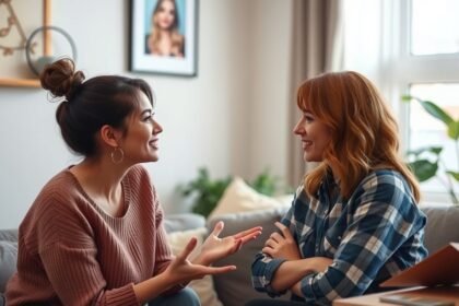 Két nő beszélget a kanapén, hatékony kommunikációt folytatva.