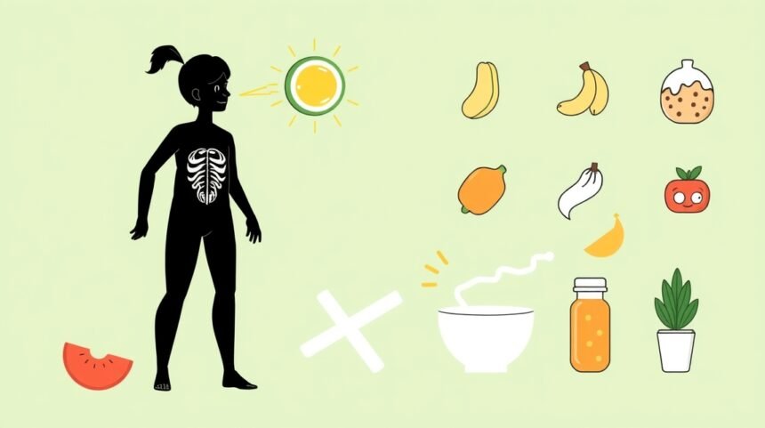 Egészséges étkezési szokások és természetes energiaforrások illusztrációja.