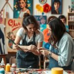 Két nő festménykészítés közben, művészeti stúdióban.