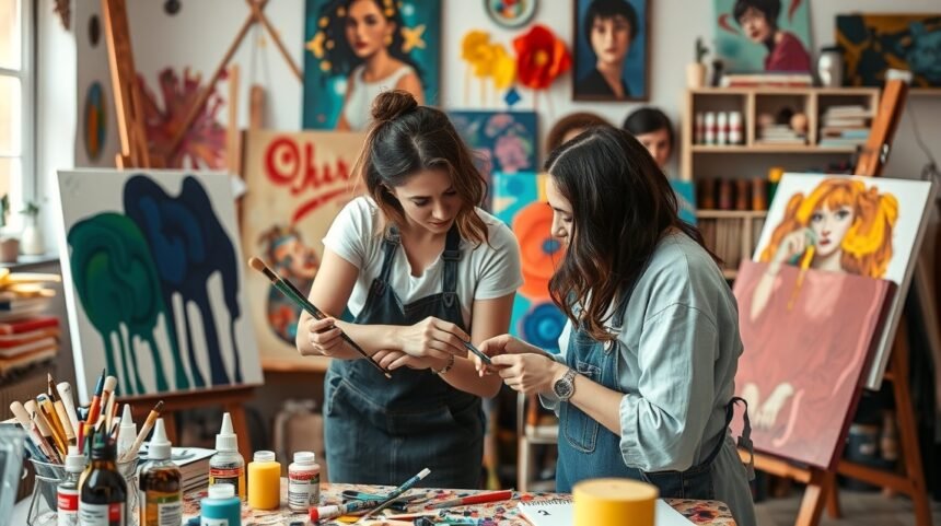 Két nő festménykészítés közben, művészeti stúdióban.