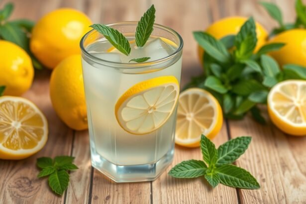 Frissítő citromos víz mentalevelekkel, tökéletes a hidratálásra és méregtelenítésre.