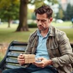 Elgondolkodó férfi egy parkban, ajándékkal a kezében, a kapcsolatok várakozásáról.