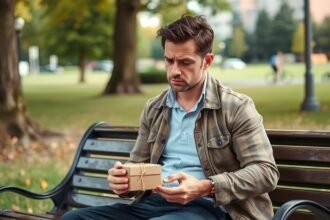 Elgondolkodó férfi egy parkban, ajándékkal a kezében, a kapcsolatok várakozásáról.