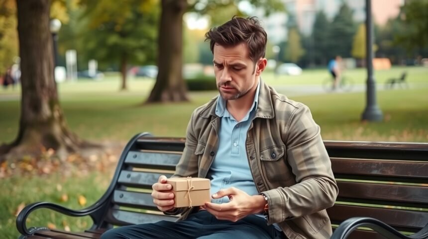 Elgondolkodó férfi egy parkban, ajándékkal a kezében, a kapcsolatok várakozásáról.