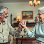 Idősebb házaspár mosolyogva tartja egymás kezét otthonukban.