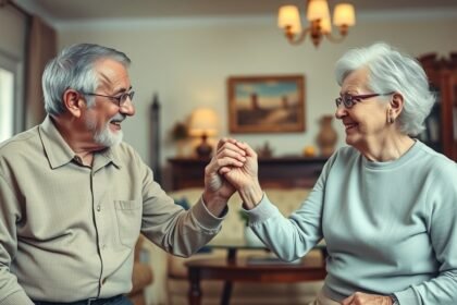 Idősebb házaspár mosolyogva tartja egymás kezét otthonukban.