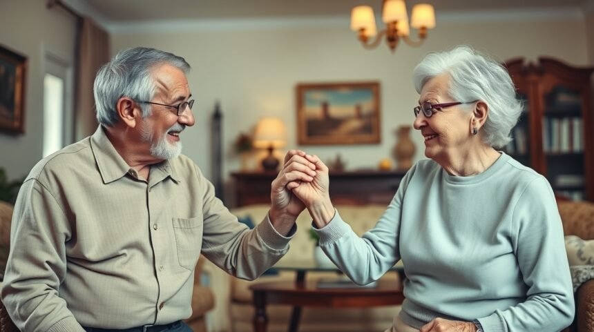 Idősebb házaspár mosolyogva tartja egymás kezét otthonukban.