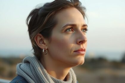 Nő, aki a távolba néz, a szakítás méltóságáról gondolkodik.