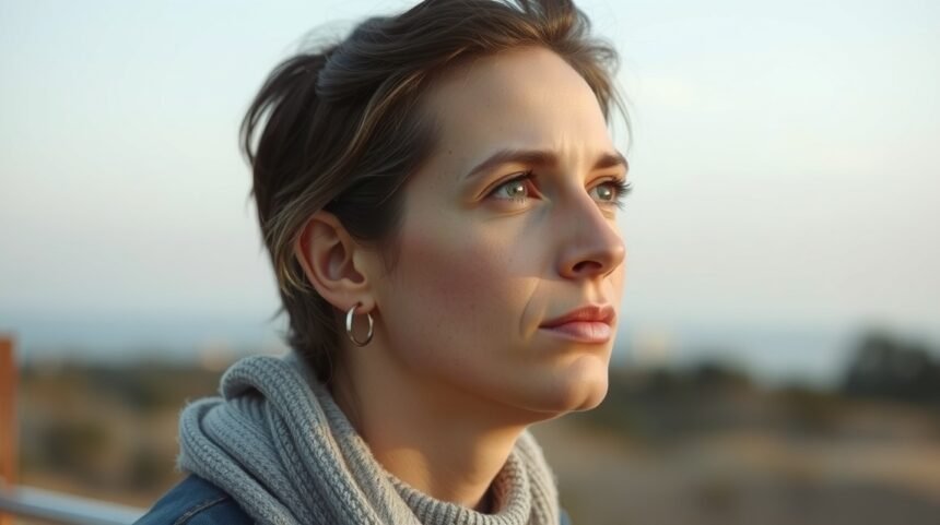 Nő, aki a távolba néz, a szakítás méltóságáról gondolkodik.