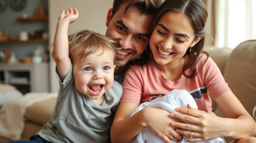 Család együtt, örömmel készülnek a kistestvér érkezésére.