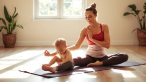 Egy anyuka relaxál a babájával jógázás közben.