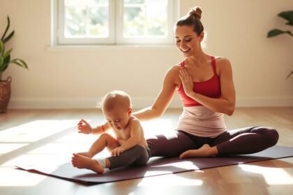 Egy anyuka relaxál a babájával jógázás közben.