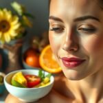 Nő egészséges ételekkel, rózsás bőr és virágok.