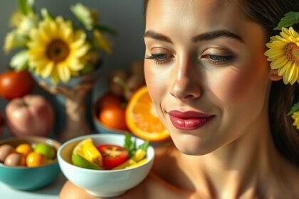 Nő egészséges ételekkel, rózsás bőr és virágok.