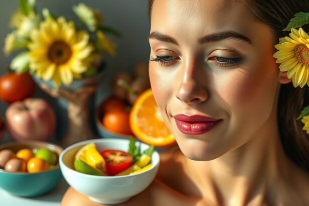 Nő egészséges ételekkel, rózsás bőr és virágok.