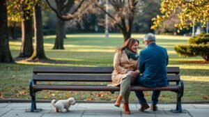 Tartós kapcsolatra vágyó pár ül egy padon, őszinte beszélgetéssel.