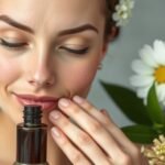 Nő természetes bőrápolási termékkel és virágokkal.