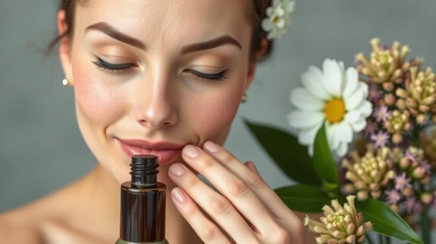Nő természetes bőrápolási termékkel és virágokkal.