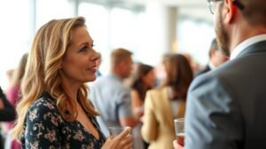 Nő beszélget egy rendezvényen férfiakkal, szeretet és vonzerő.