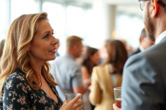 Nő beszélget egy rendezvényen férfiakkal, szeretet és vonzerő.