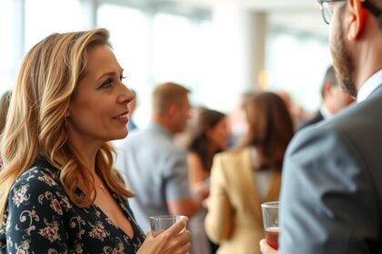 Nő beszélget egy rendezvényen férfiakkal, szeretet és vonzerő.