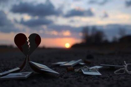 Két elválasztott szív és fényképek a földön, a naplemente hátterében.